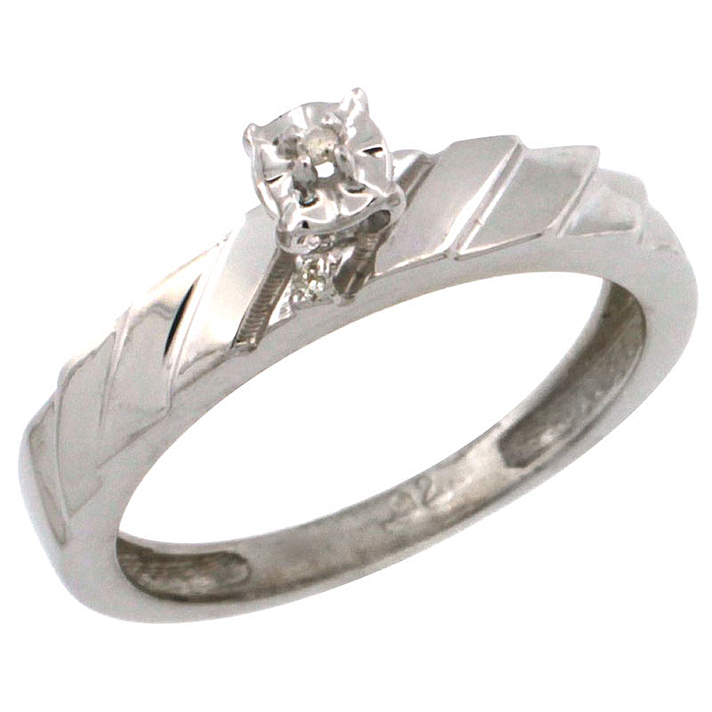 Sterling Silver Diamond Engagement Ring w/ 0.03 Carat Brilliant Cut Diamonds, 5/32 in. (4mm) wide