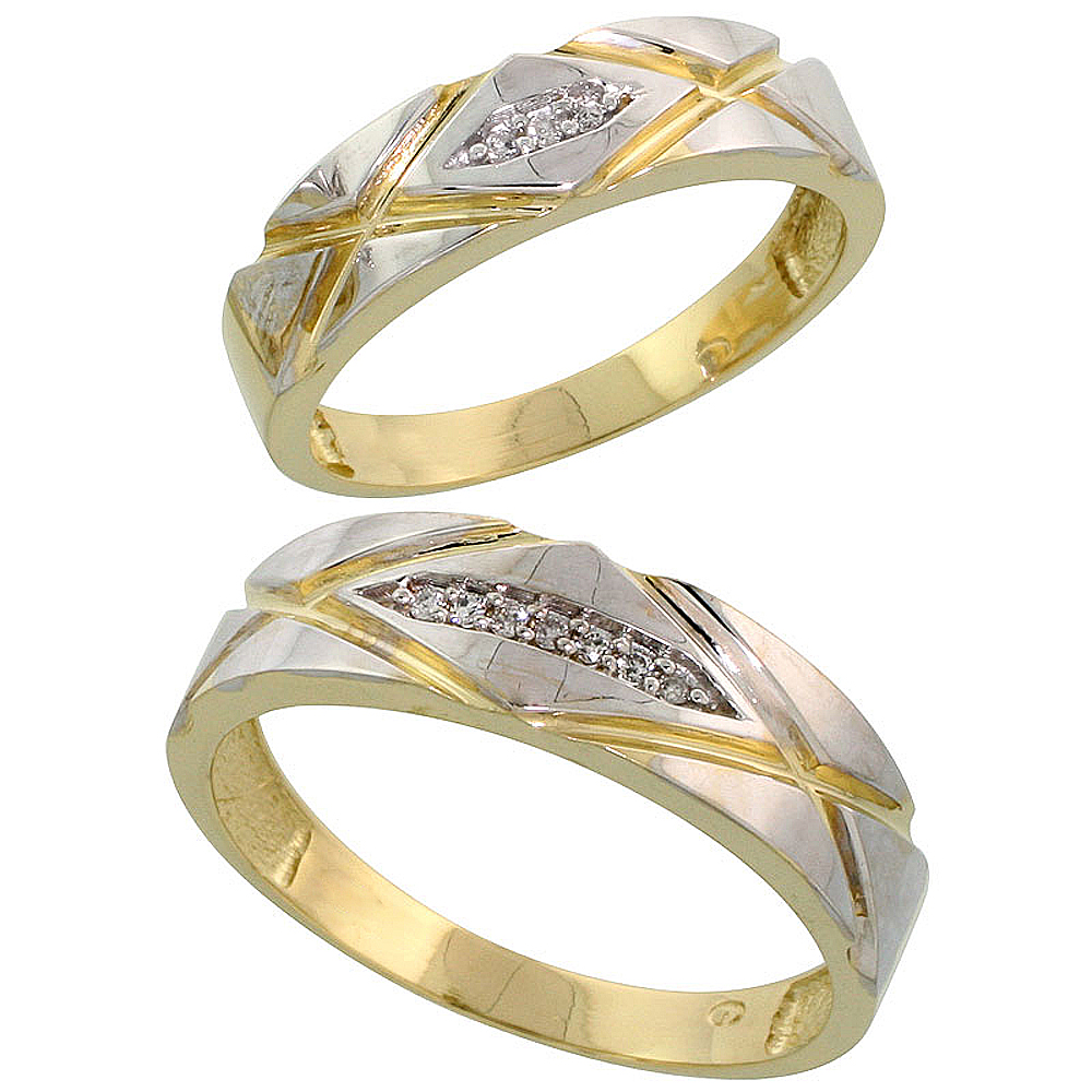 Gold Plated Sterling Silver Diamond 2 Piece Wedding Ring Set His 6mm & Hers 5mm, Mens Size 8 to 14