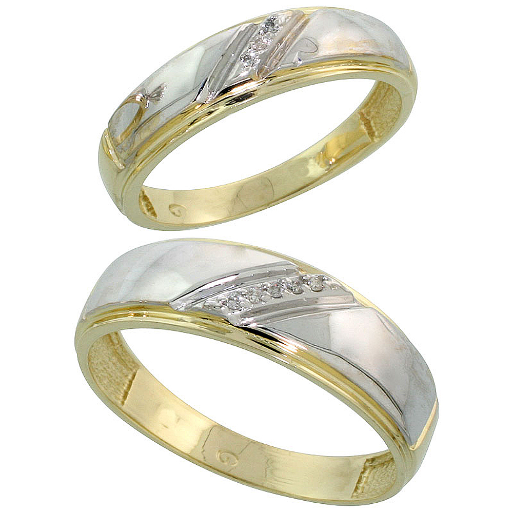 Gold Plated Sterling Silver Diamond 2 Piece Wedding Ring Set His 7mm & Hers 5.5mm, Mens Size 8 to 14