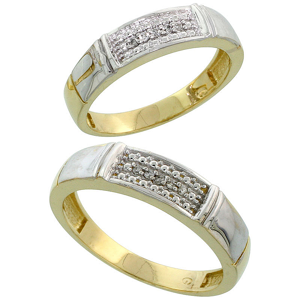 Gold Plated Sterling Silver Diamond 2 Piece Wedding Ring Set His 5mm & Hers 4.5mm, Mens Size 8 to 14