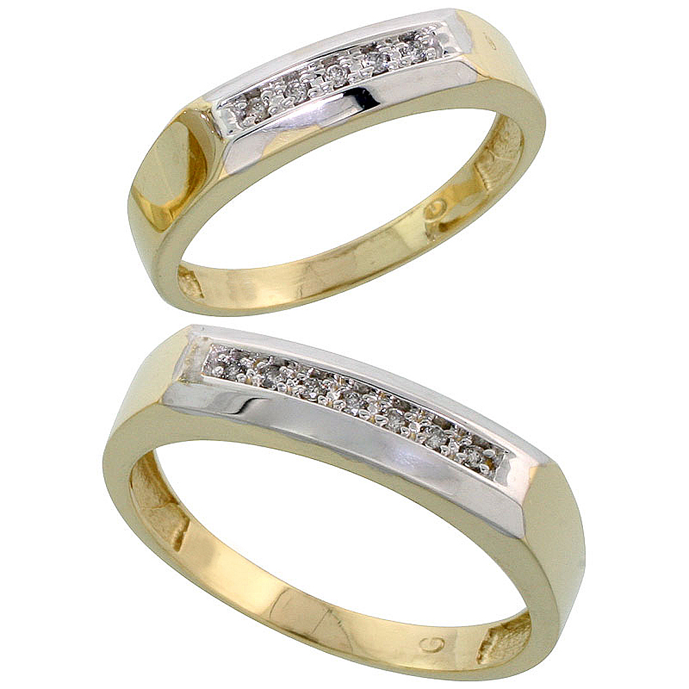 Gold Plated Sterling Silver Diamond 2 Piece Wedding Ring Set His 5mm &amp; Hers 4.5mm, Mens Size 8 to 14