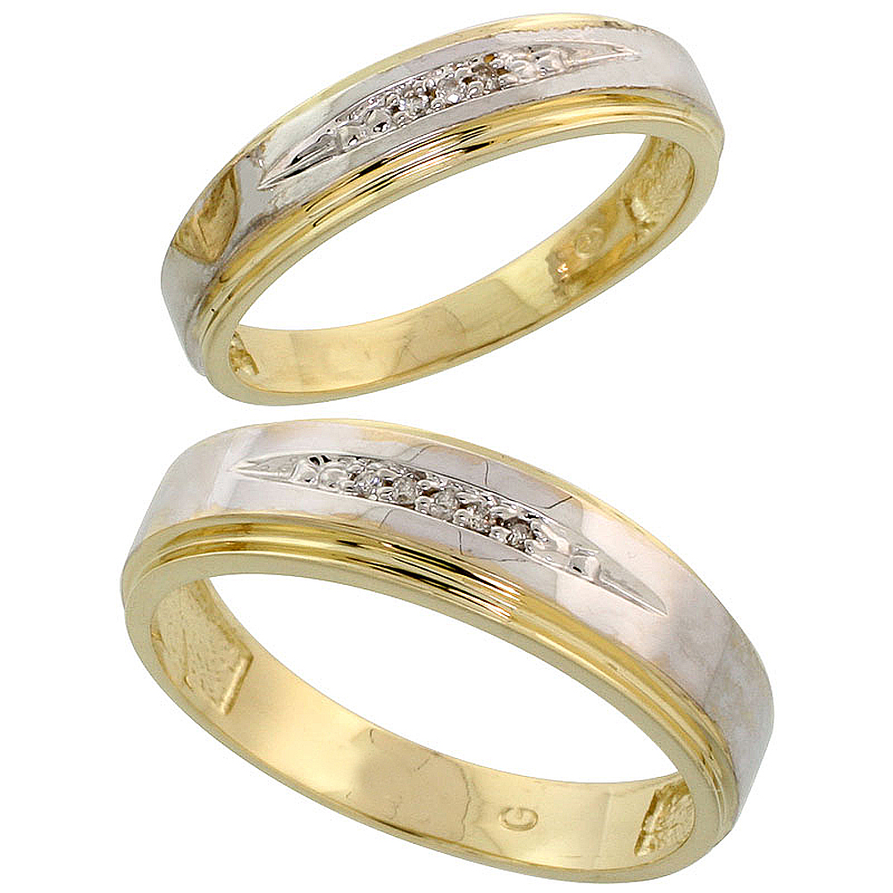 Gold Plated Sterling Silver Diamond 2 Piece Wedding Ring Set His 6mm & Hers 5mm, Mens Size 8 to 14