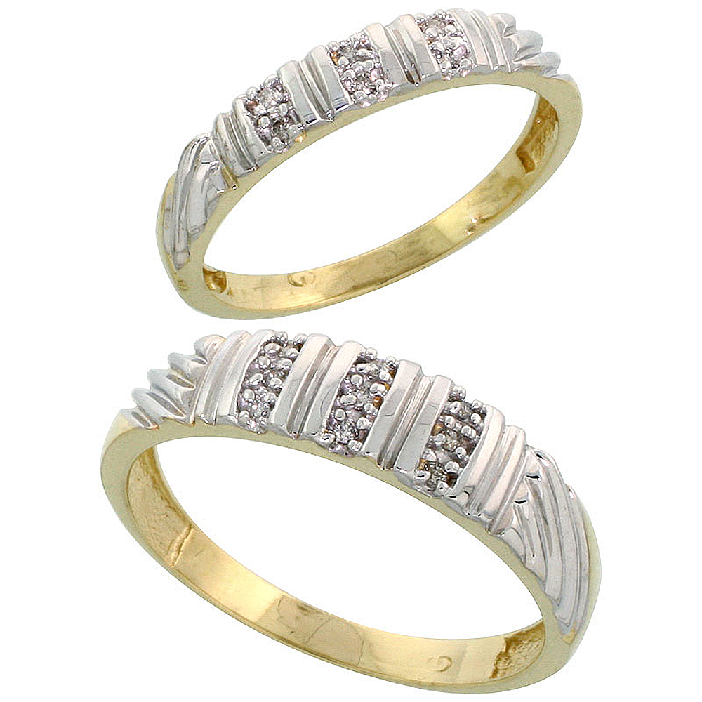 Gold Plated Sterling Silver Diamond 2 Piece Wedding Ring Set His 5mm & Hers 3.5mm, Mens Size 8 to 14