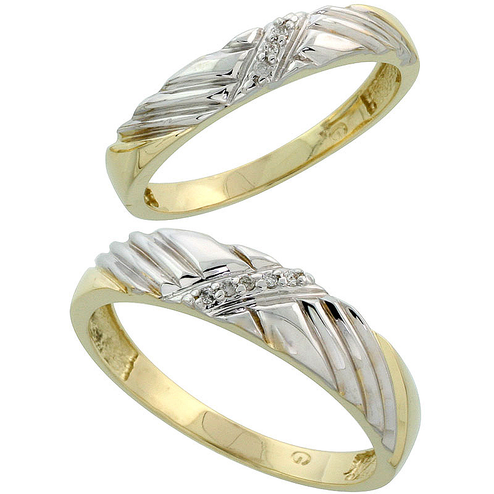 Gold Plated Sterling Silver Diamond 2 Piece Wedding Ring Set His 5mm & Hers 3.5mm, Mens Size 8 to 14