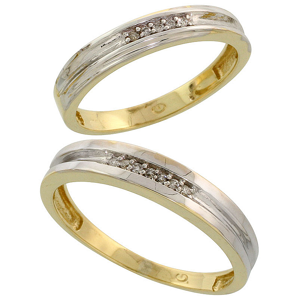 Gold Plated Sterling Silver Diamond 2 Piece Wedding Ring Set His 4mm & Hers 3.5mm, Mens Size 8 to 14