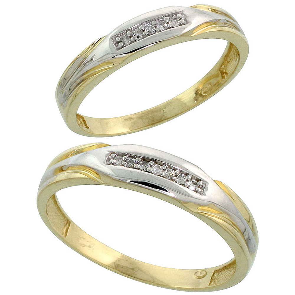 Gold Plated Sterling Silver Diamond 2 Piece Wedding Ring Set His 5mm &amp; Hers 3.5mm, Mens Size 8 to 14