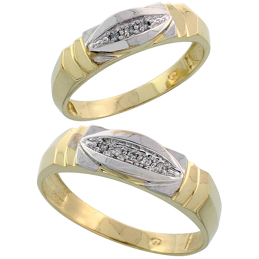 Gold Plated Sterling Silver Diamond 2 Piece Wedding Ring Set His 6mm &amp; Hers 5mm, Mens Size 8 to 14