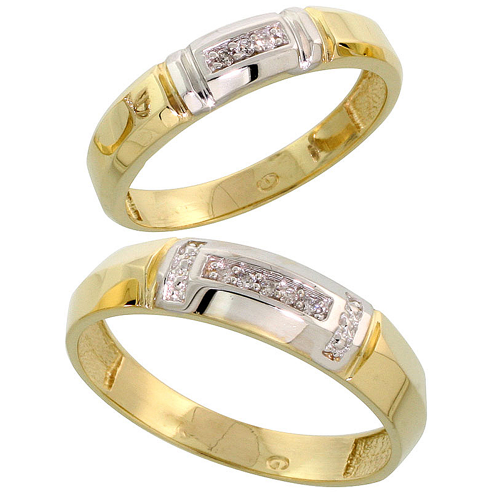 Gold Plated Sterling Silver Diamond 2 Piece Wedding Ring Set His 5.5mm &amp; Hers 4mm, Mens Size 8 to 14