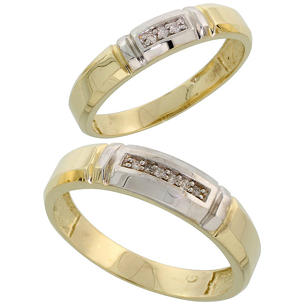 Gold Plated Sterling Silver Diamond 2 Piece Wedding Ring Set His 5.5mm & Hers 4mm, Mens Size 8 to 14