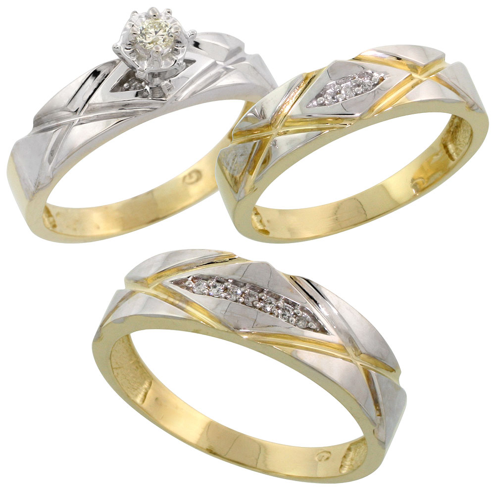 Gold Plated Sterling Silver Diamond Trio Wedding Ring Set His 6mm & Hers 5mm, Mens Size 8 to 14