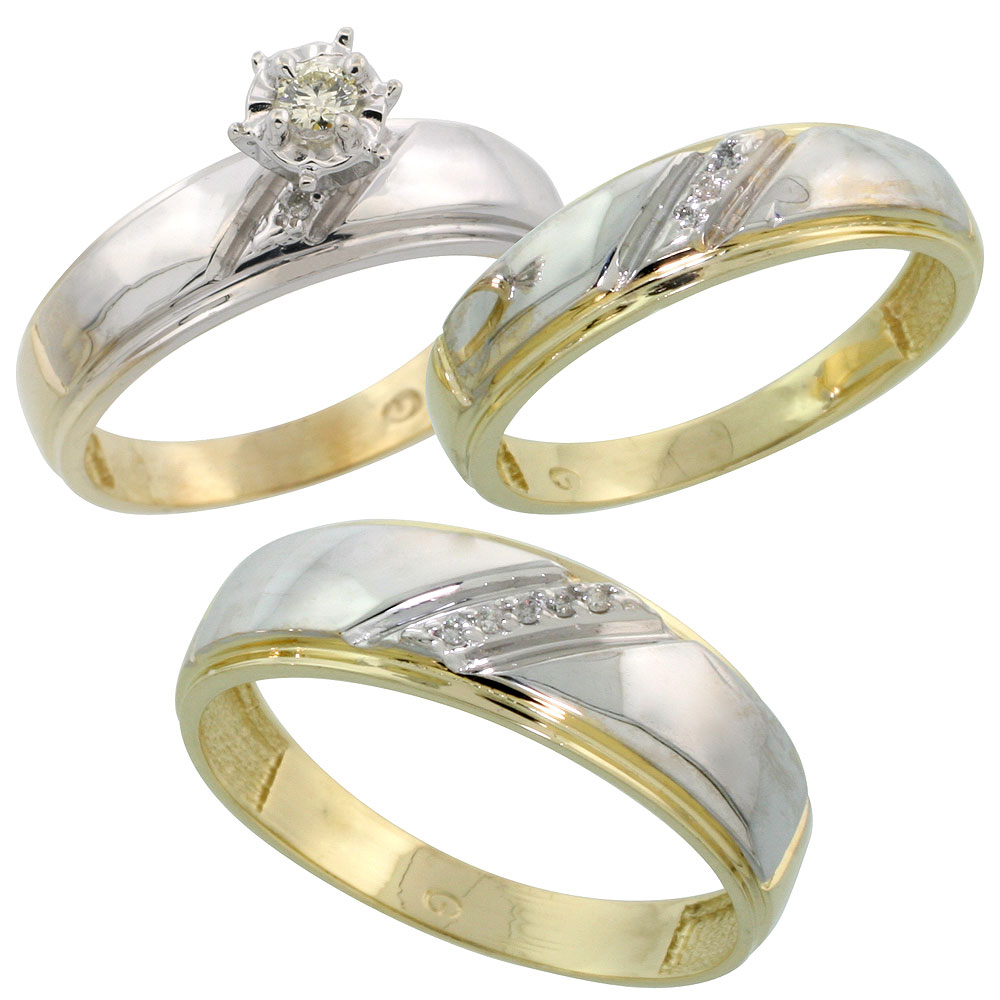 Gold Plated Sterling Silver Diamond Trio Wedding Ring Set His 7mm & Hers 5.5mm, Mens Size 8 to 14