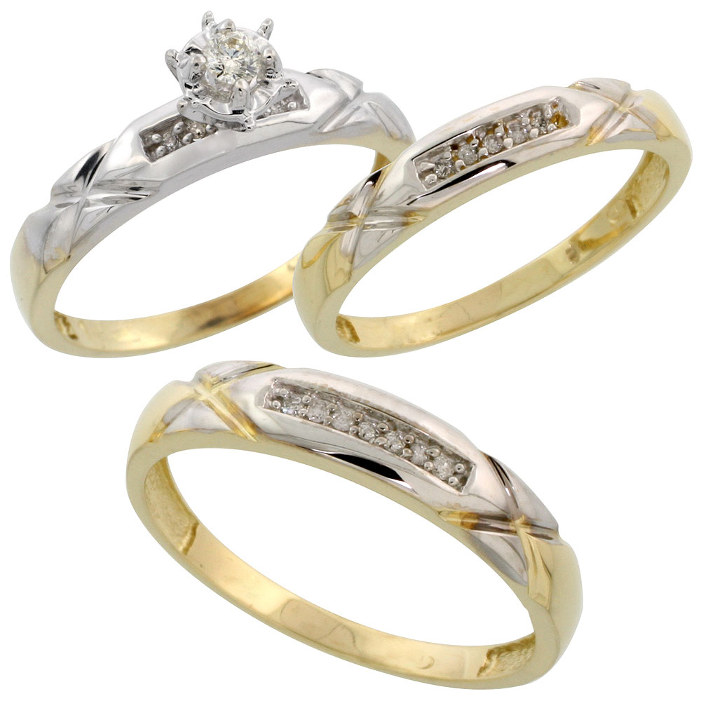 Gold Plated Sterling Silver Diamond Trio Wedding Ring Set His 4mm & Hers 3.5mm, Mens Size 8 to 14