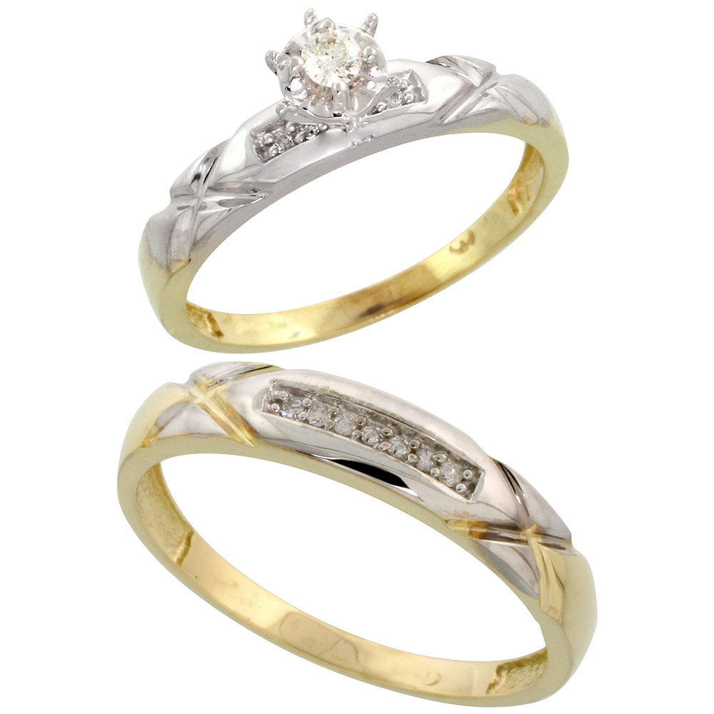 Gold Plated Sterling Silver 2-Piece Diamond Wedding Engagement Ring Set for Him and Her, 3.5mm & 4mm wide