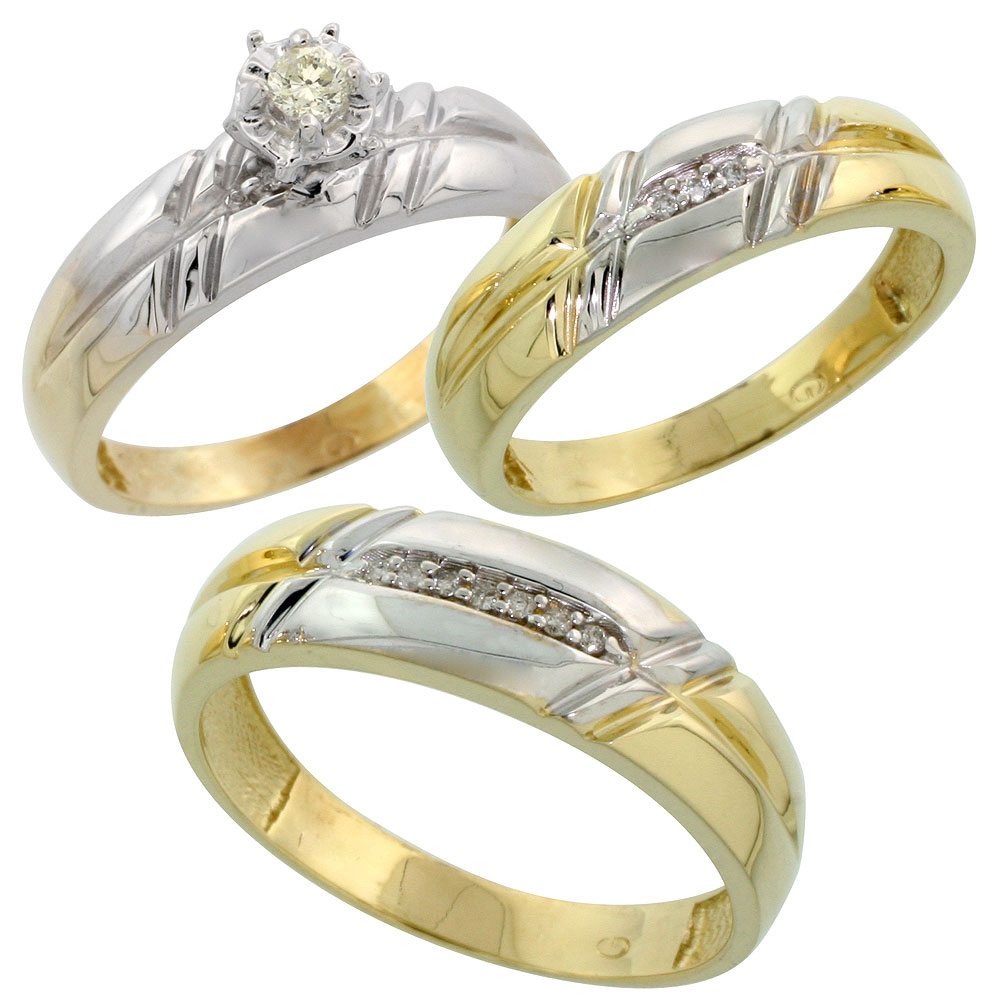 Gold Plated Sterling Silver Diamond Trio Wedding Ring Set His 6mm &amp; Hers 5.5mm, Mens Size 8 to 14