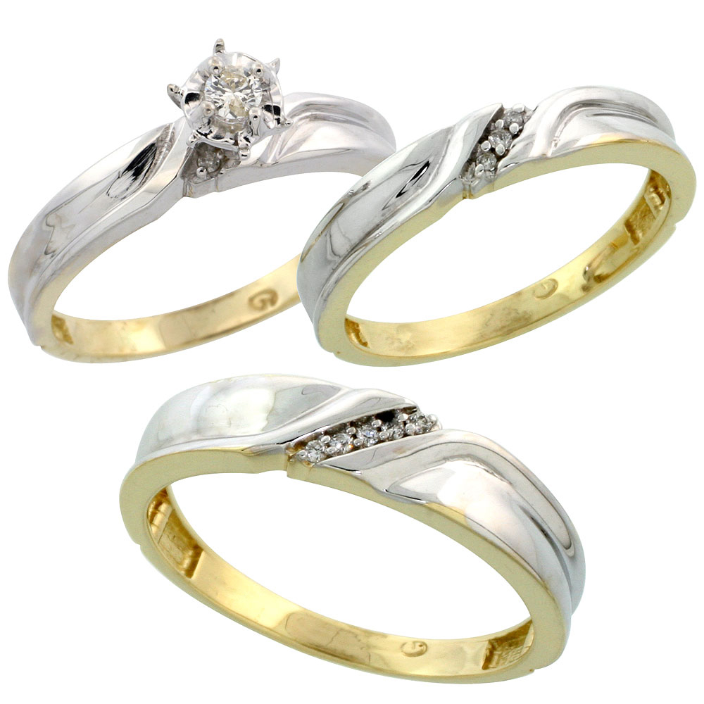 Gold Plated Sterling Silver Diamond Trio Wedding Ring Set His 5mm & Hers 3.5mm, Mens Size 8 to 14