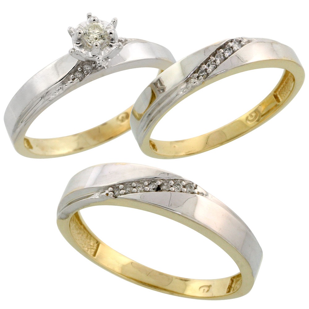 Gold Plated Sterling Silver Diamond Trio Wedding Ring Set His 4.5mm & Hers 3.5mm, Mens Size 8 to 14