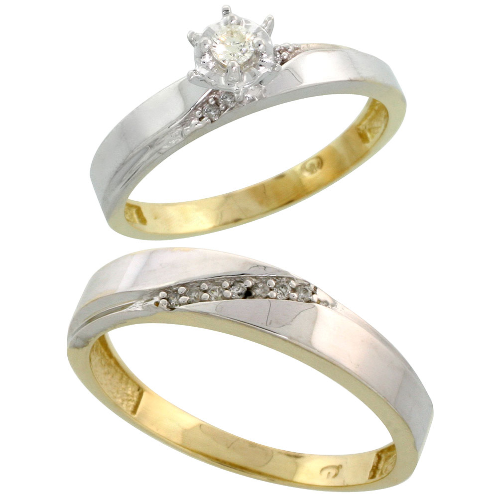 Gold Plated Sterling Silver 2-Piece Diamond Wedding Engagement Ring Set for Him and Her, 3.5mm &amp; 4.5mm wide