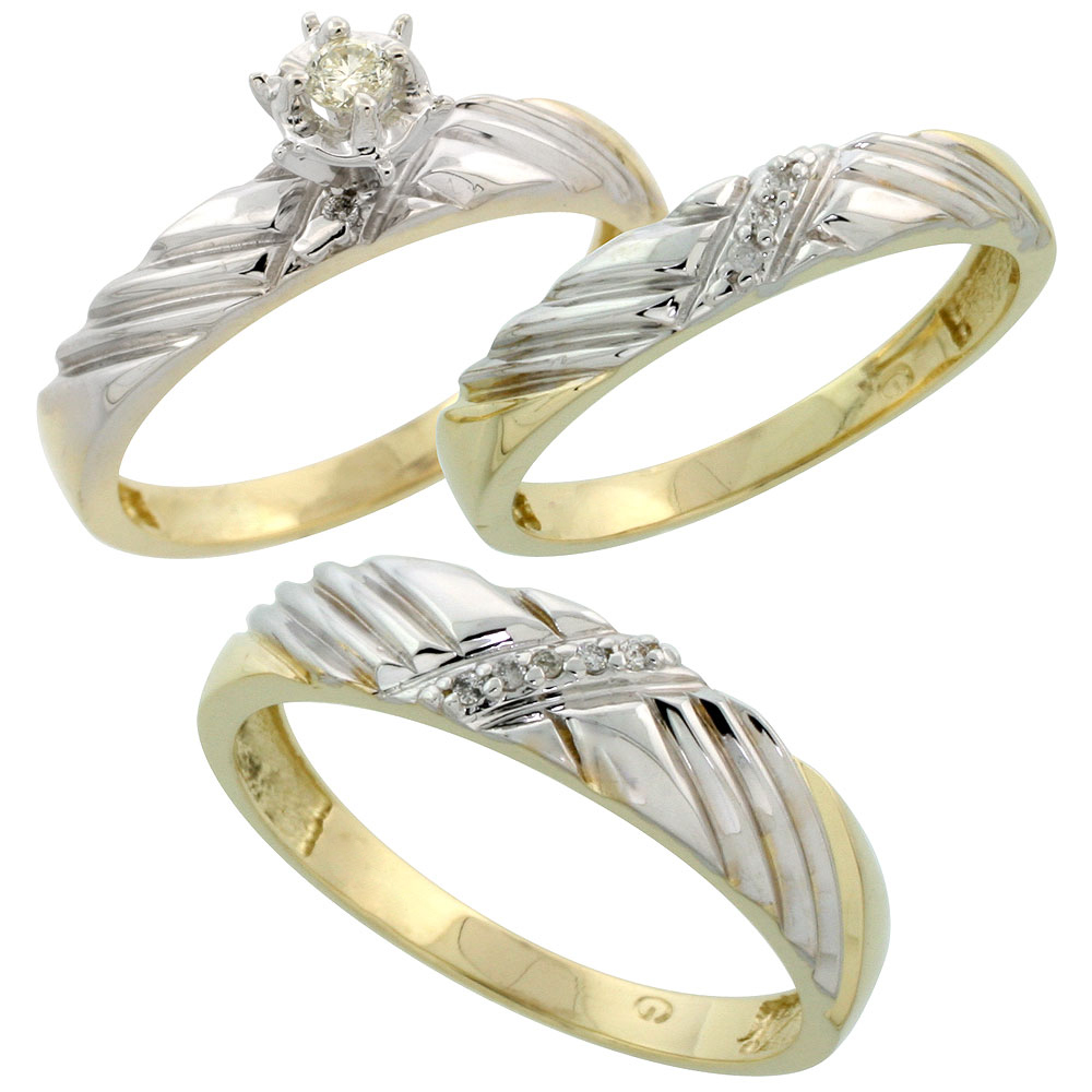 Gold Plated Sterling Silver Diamond Trio Wedding Ring Set His 5mm &amp; Hers 3.5mm, Mens Size 8 to 14