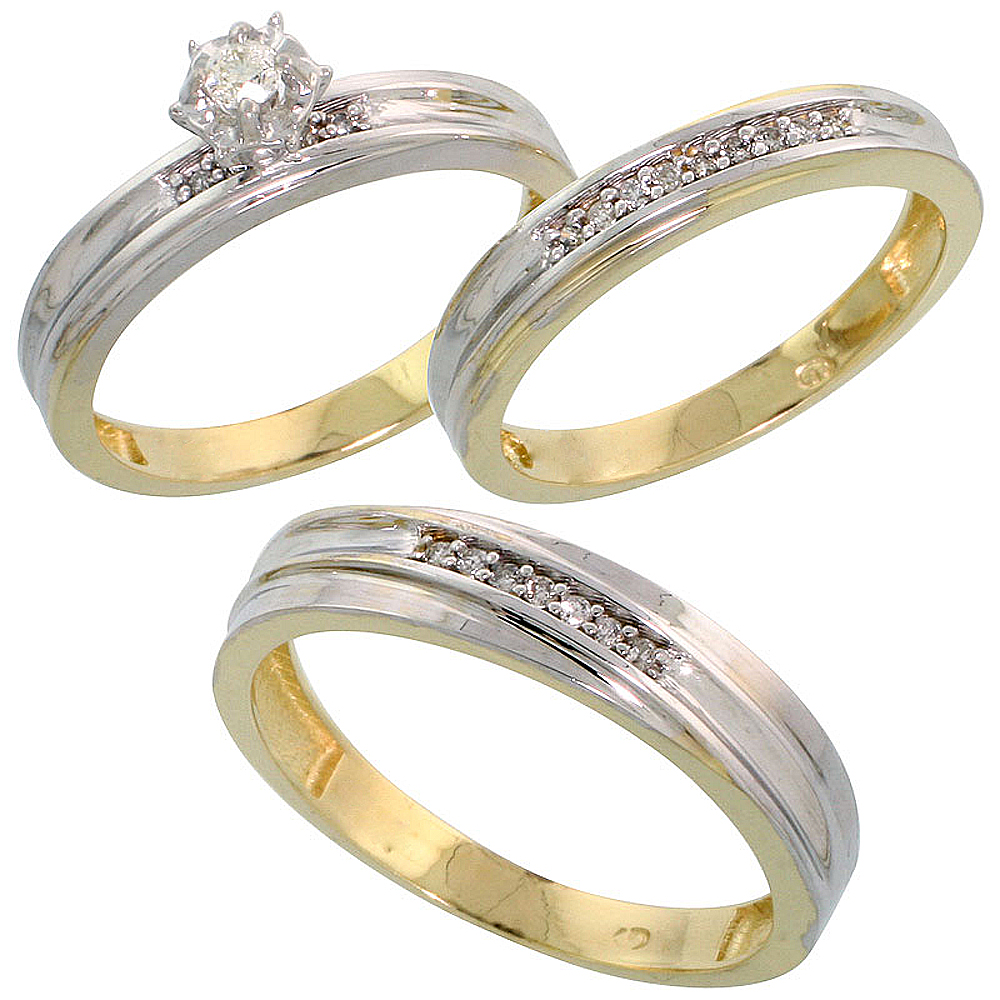 Gold Plated Sterling Silver Diamond Trio Wedding Ring Set His 5mm &amp; Hers 3.5mm, Mens Size 8 to 14