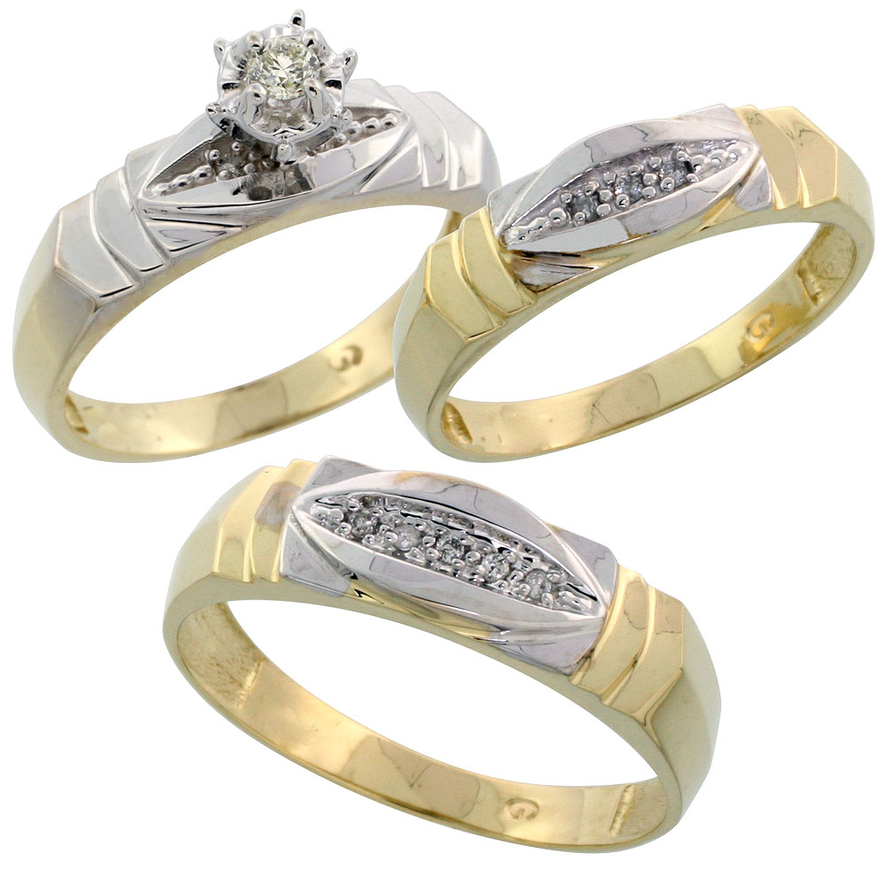 Gold Plated Sterling Silver Diamond Trio Wedding Ring Set His 6mm &amp; Hers 5mm, Mens Size 8 to 14