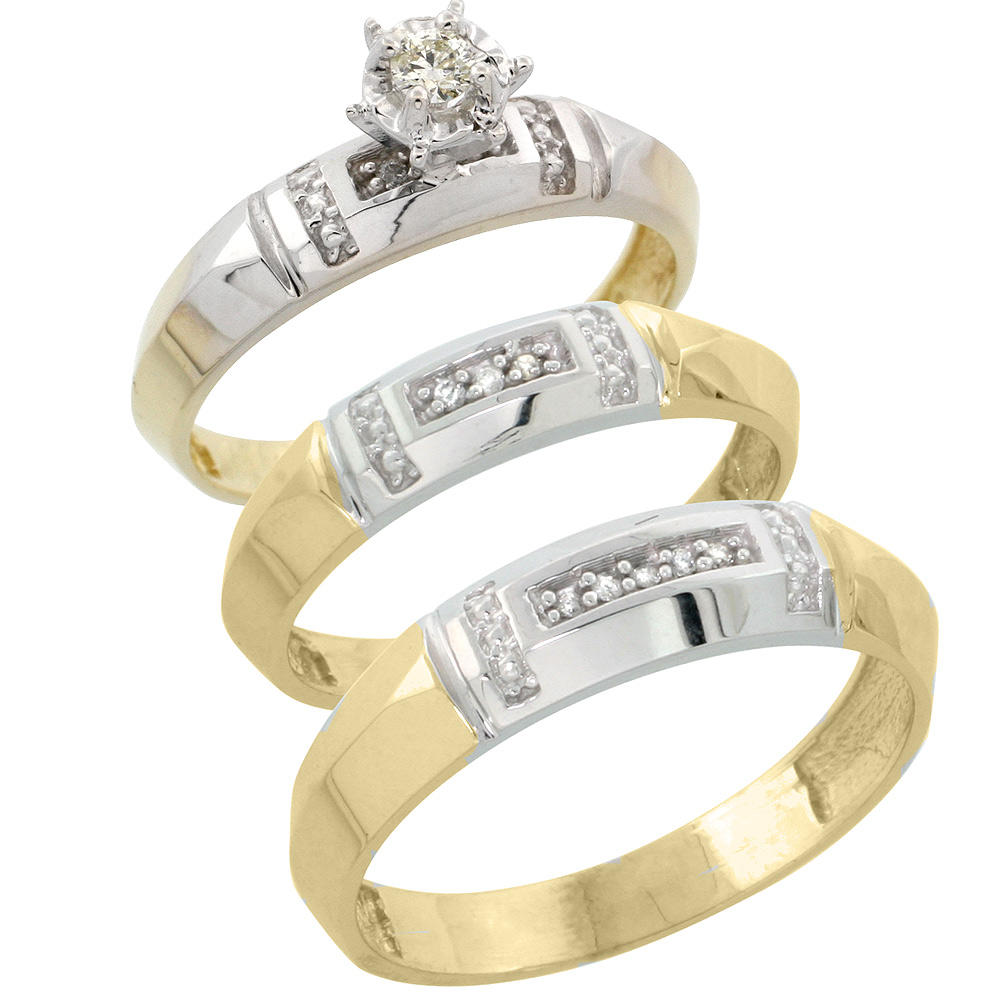 Gold Plated Sterling Silver Diamond Trio Wedding Ring Set His 5.5mm & Hers 4mm, Mens Size 8 to 14