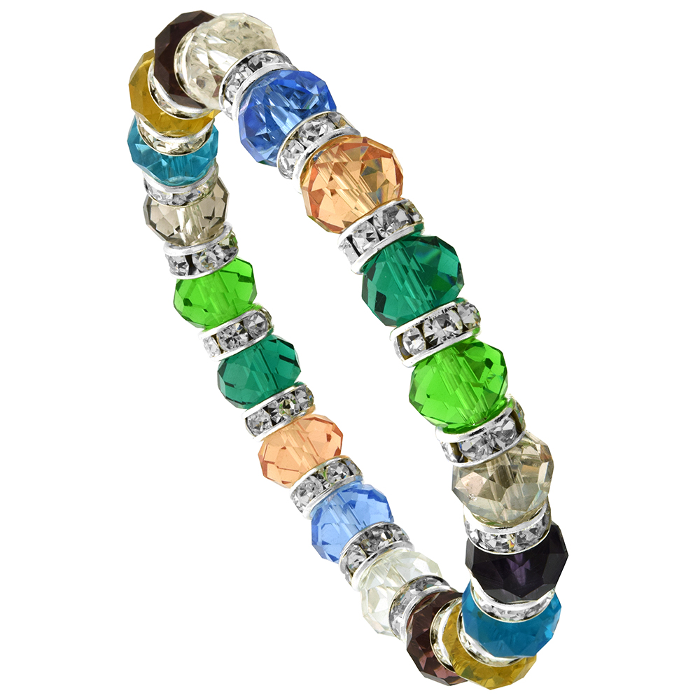 7 in. Multi Color Faceted Glass Crystal Bracelet on Elastic Nylon Strand ( Clear, Ruby, Citrine, Blue Topaz, Smoky Topaz, Perido