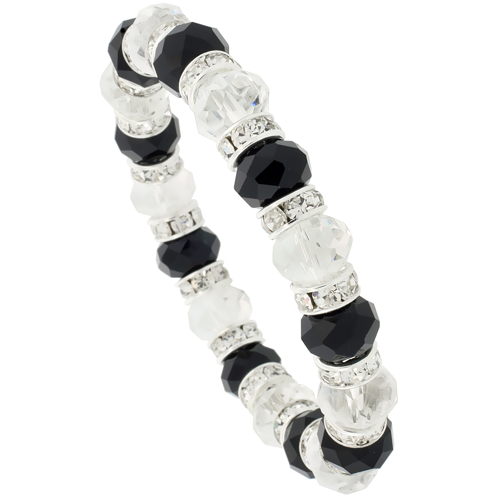 7 in. Black & White Faceted Glass Crystal Bracelet on Elastic Nylon Strand, 3/8 in. (10 mm) wide