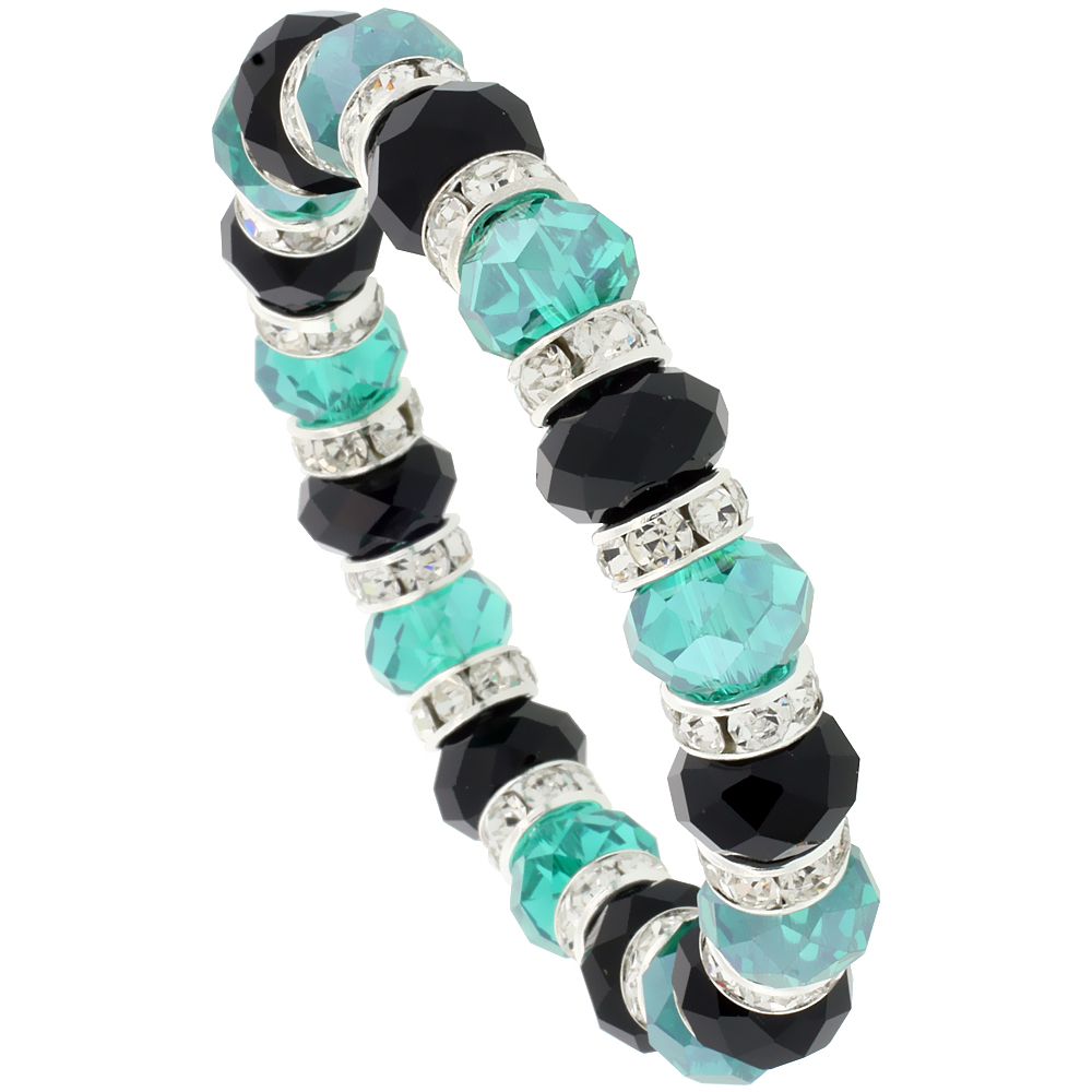 7 in. Black &amp; Emerald Color Faceted Glass Crystal Bracelet on Elastic Nylon Strand, 3/8 in. (10 mm) wide