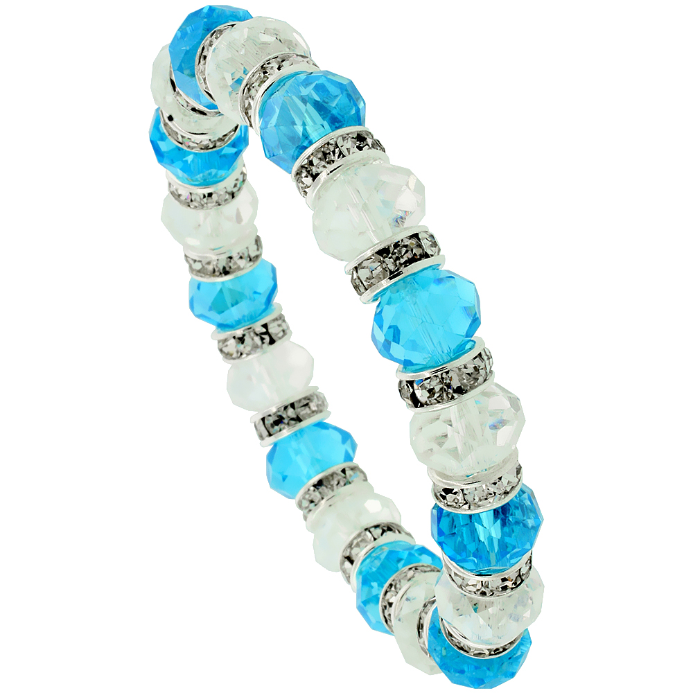 7 in. Clear & Aquamarine Color Faceted Glass Crystal Bracelet on Elastic Nylon Strand, 3/8 in. (10 mm) wide