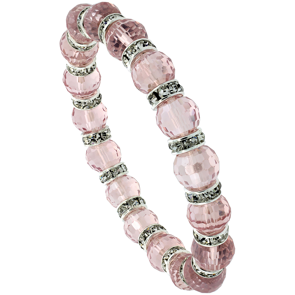 7 in. Rose Quartz Color Faceted Glass Crystal Bracelet on Elastic Nylon Strand, 3/8 in. (10 mm) wide