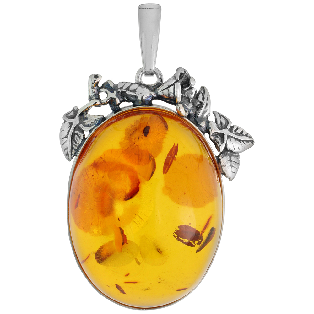 1 3/4 inch Sterling Silver Large Oval Baltic Amber Necklace for Women Trumpet Vine Floral Design Bezel Oval Cabochon Available w