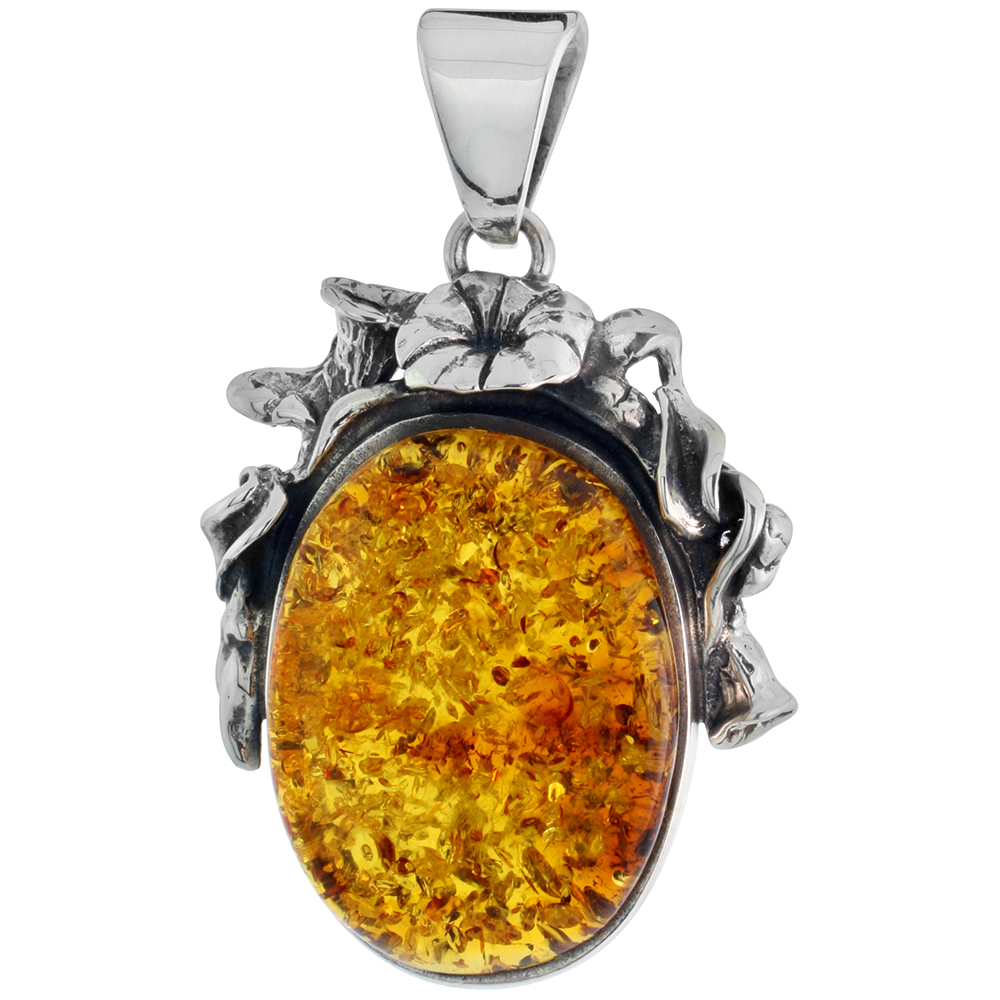 1 1/2 inch Sterling Silver Freeform Baltic Amber Necklace for Women Trumpet Flower Design Bezel Cabochon Available with or witho