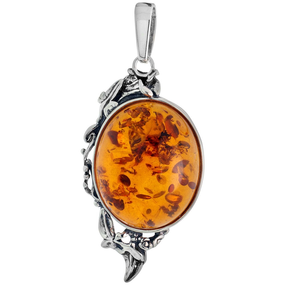 1 1/2 inch Sterling Silver Oval Baltic Amber Necklace for Women Floral Vine Pattern Bezel Oval Cabochon Available with or withou