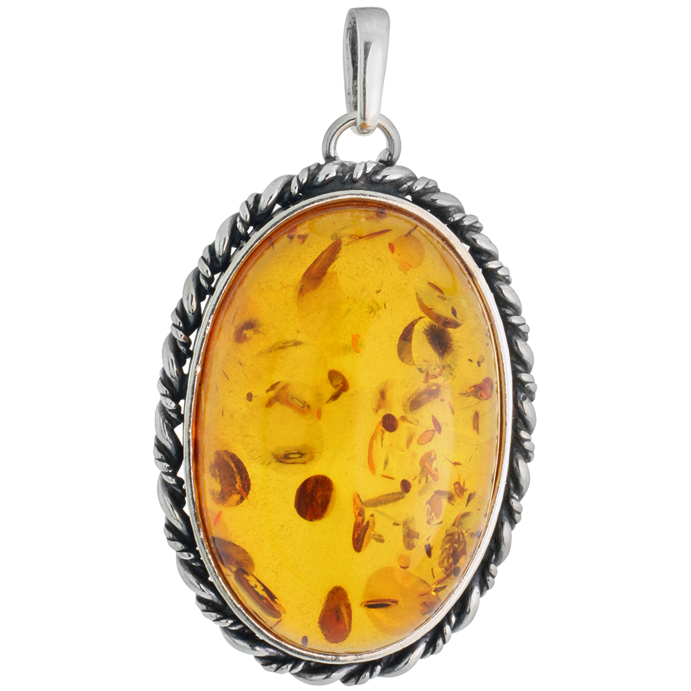 Sterling Silver Oval Baltic Amber Pendant for Women Rope Bezel Oval Cabochon 1 1/2 inch tall No Chain Included