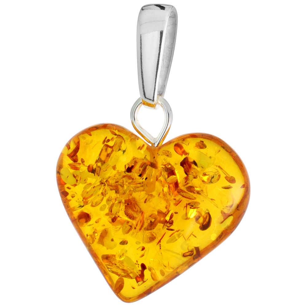 Sterling Silver Baltic Amber Heart Pendant for Women 1 inch tall No Chain Included