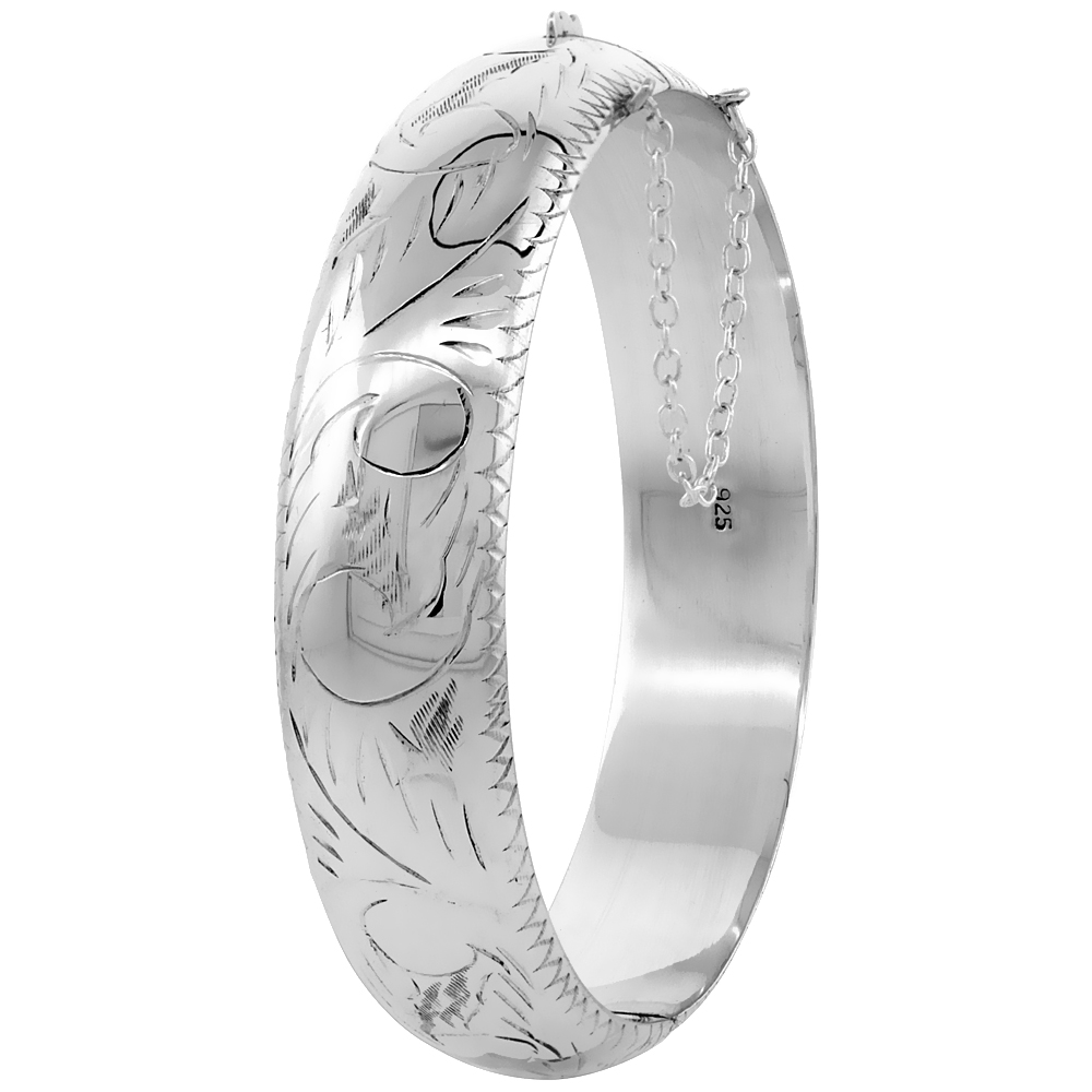Sterling Silver Bangle Bracelet Floral Pattern Hand Engraved Thick 5/8 inch wide