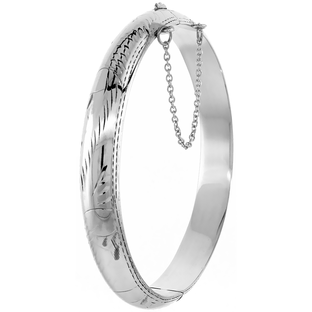 Sterling Silver Bangle Bracelet Floral Engraving Safety Chain 3/8 inch wide