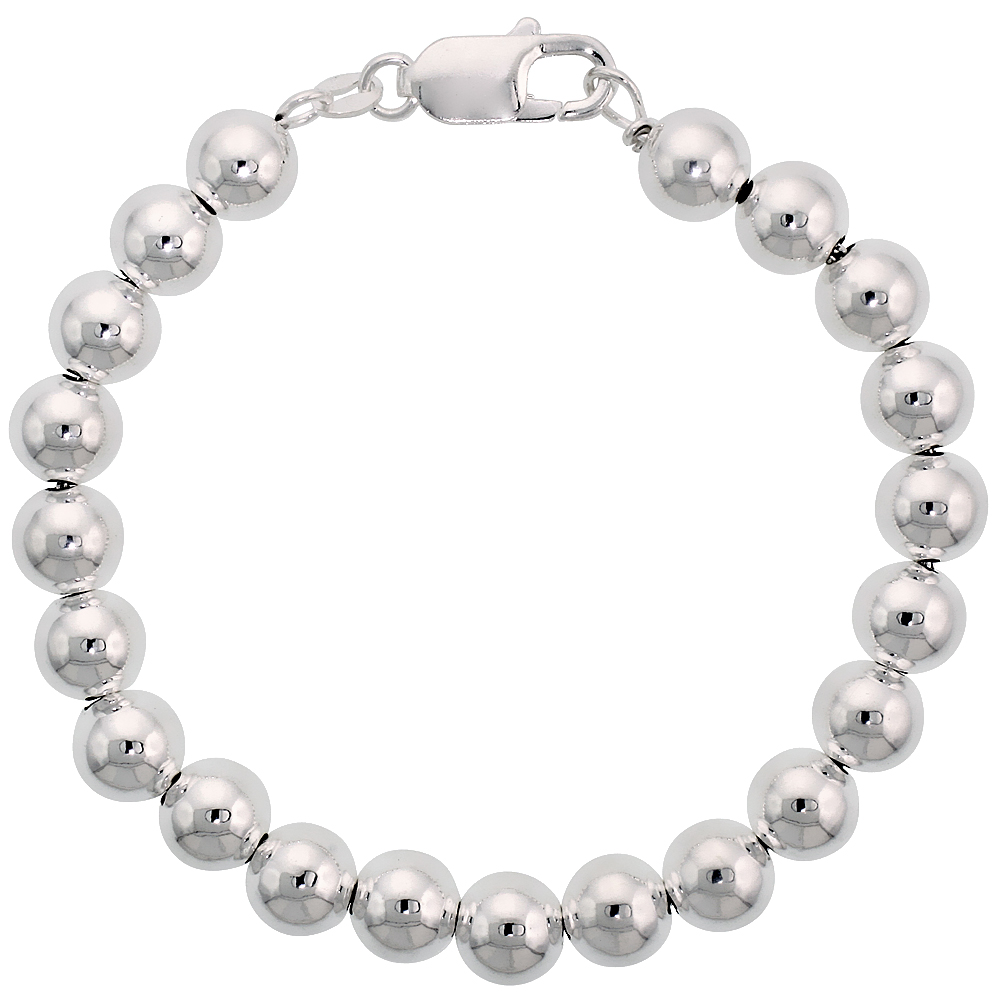 Sterling Silver Bead Bracelet 8mm Plain Italy, sizes 7 - 8 inch