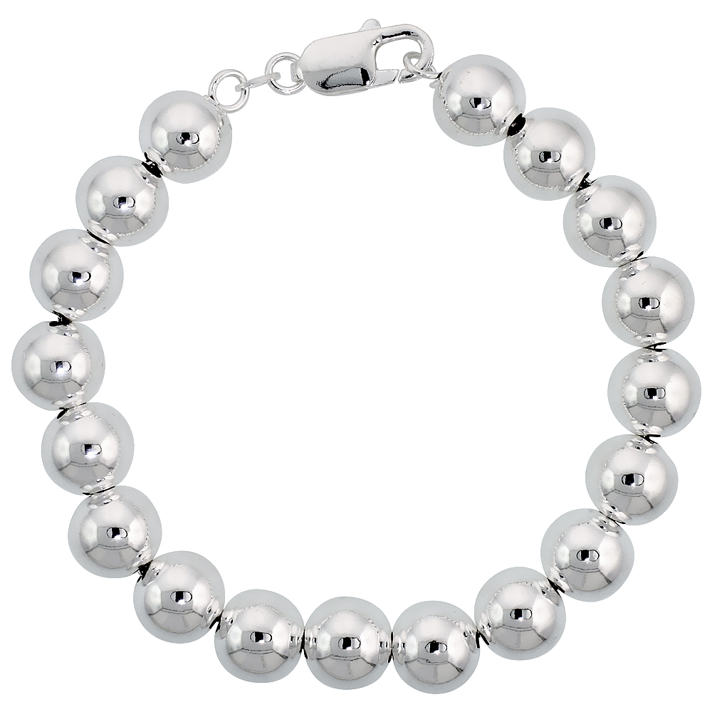 Sterling Silver Bead Bracelet 10mm Plain Italy, sizes 7 - 8 inch