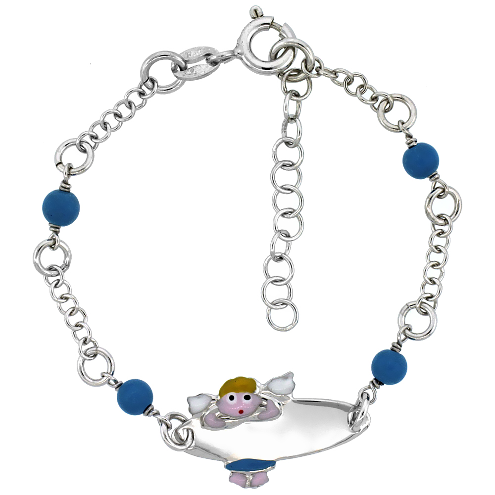 Sterling Silver Rolo Link Baby ID Bracelet in White Gold Finish w/ Blue Turquoise Color Beads & Angel Charm (5-6 inch)