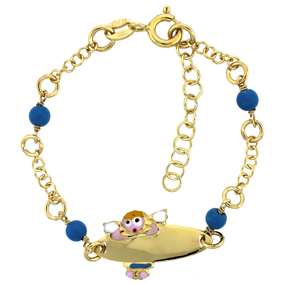 Sterling Silver Rolo Link Baby ID Bracelet in Yellow Gold Finish w/ Blue Turquoise Color Beads & Angel Charm (5-6 inch)