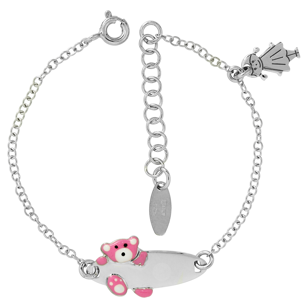 Sterling Silver Rolo Link Baby ID Bracelet in White Gold Finish w/ Pink Teddy Bear & Girl Charm (5-6 inch)