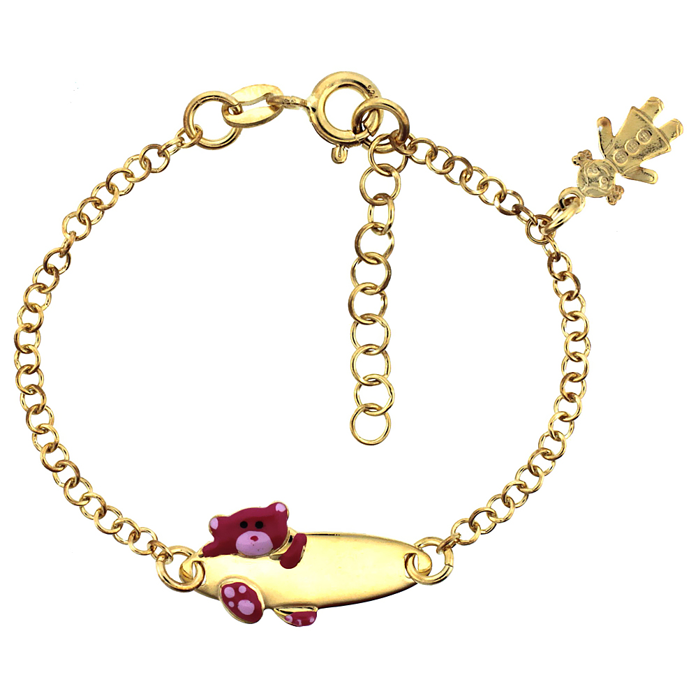 Sterling Silver Rolo Link Baby ID Bracelet in Yellow Gold Finish w/ Pink Teddy Bear & Girl Charm (5-6 inch)