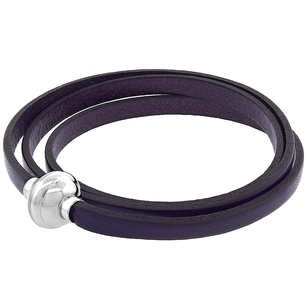 Quality Full Grain Purple Leather Wrap Bracelet Stainless Steel Magnetic Clasp Italy 22.5 inch