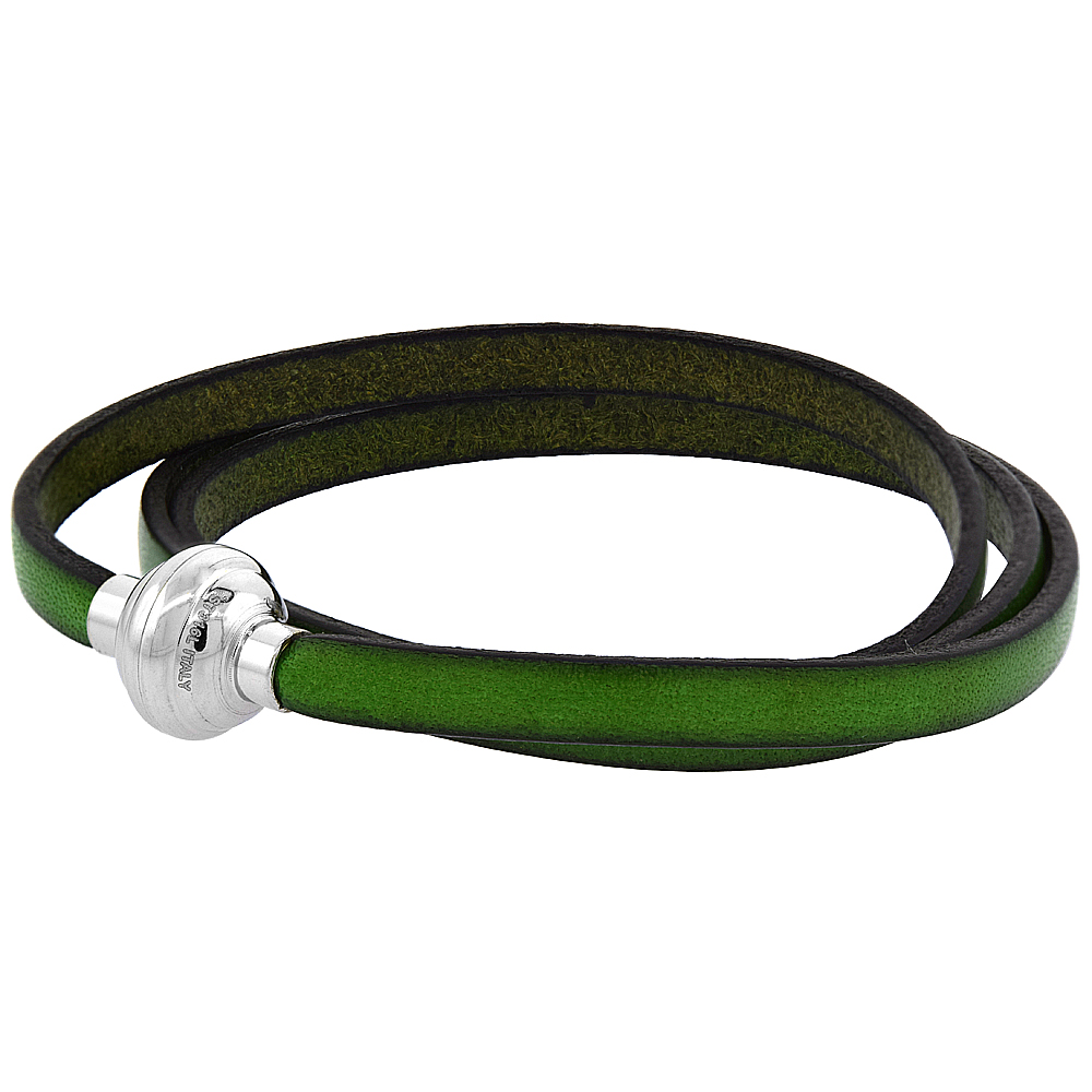 Quality Full Grain Green Leather Wrap Bracelet Stainless Steel Magnetic Clasp Italy 22.5 inch