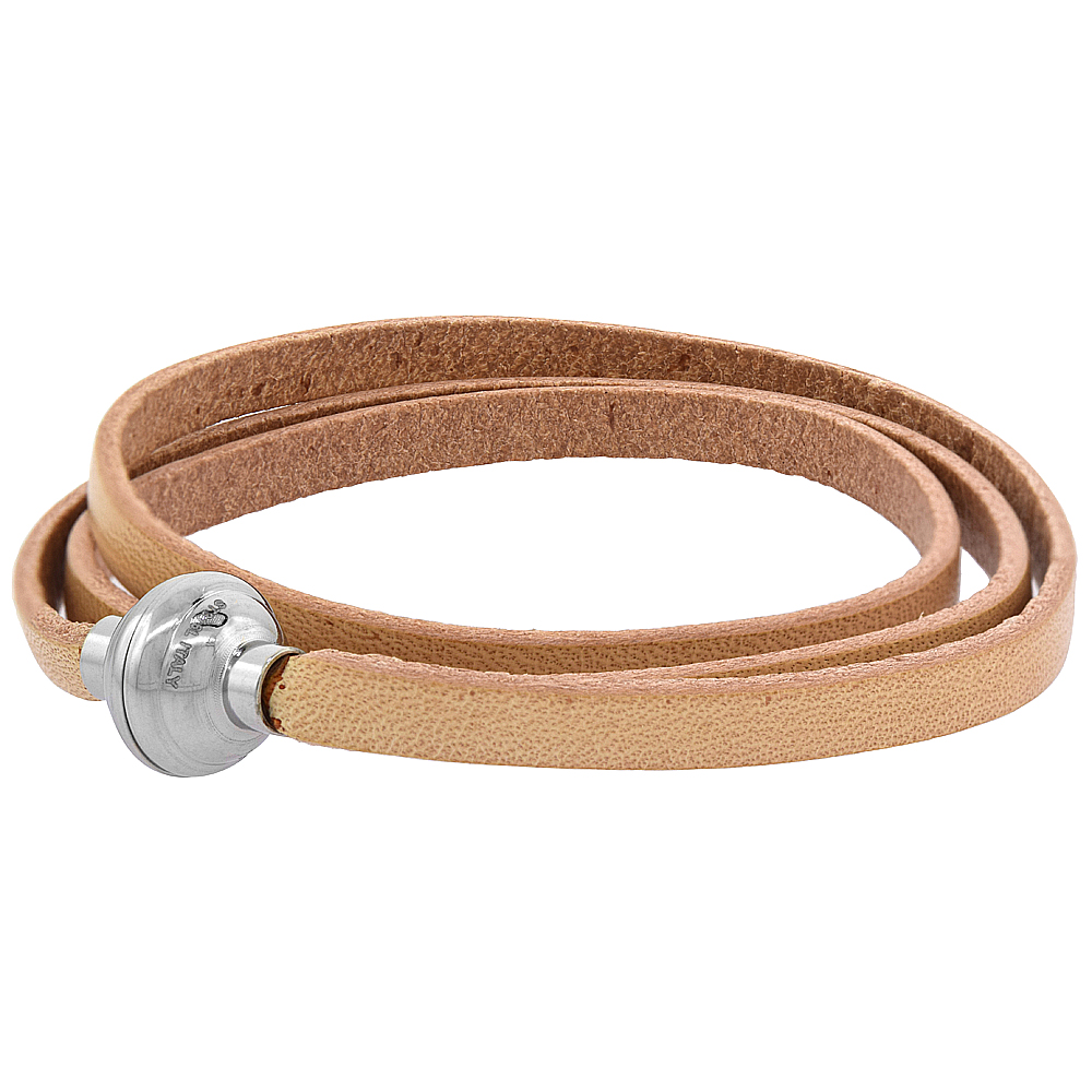 Quality Full Grain Tan Leather Wrap Bracelet Stainless Steel Magnetic Clasp Italy 22.5 inch