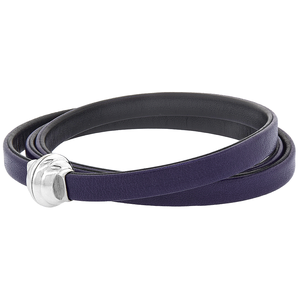 Quality Full Grain Purple &amp; Black Leather Wrap Bracelet Double Sided Magnetic Clasp Italy 22.5 inch