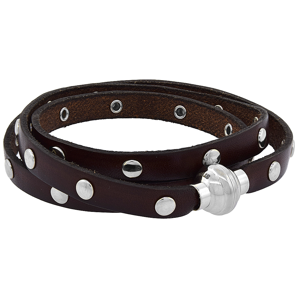 Quality Full Grain Brown Studded Leather Wrap Bracelet Stainless Steel Magnetic Clasp Italy 22.5 inch