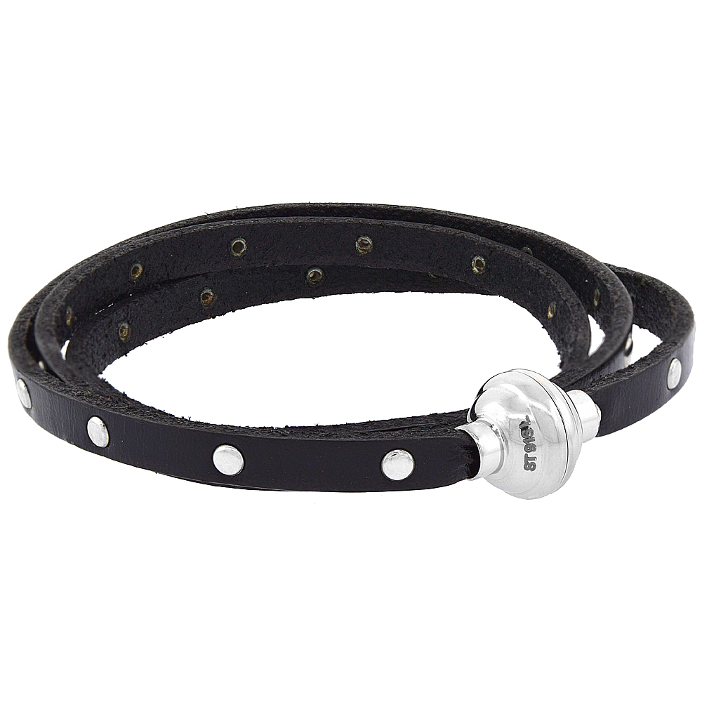 Quality Full Grain Black Studded Leather Wrap Bracelet Stainless Steel Magnetic Clasp Italy 22.5 inch