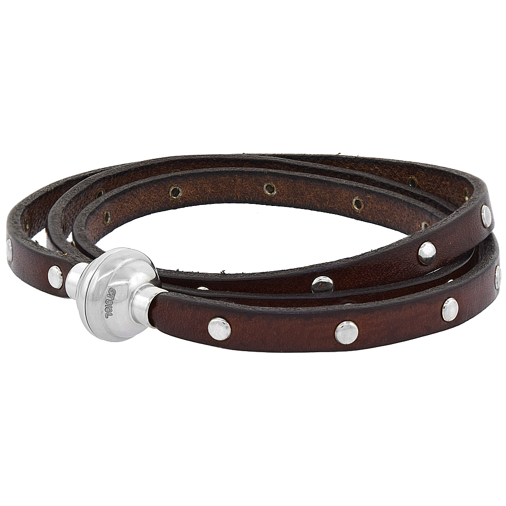 Quality Full Grain Brown Studded Leather Wrap Bracelet Stainless Steel Magnetic Clasp Italy 22.5 inch